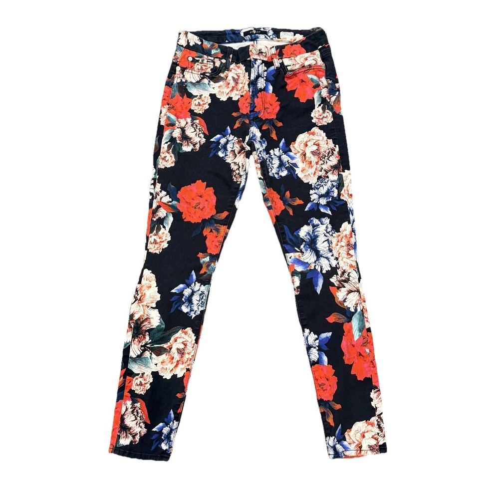 SEVEN For All Mankind Jeans Womens 29 Black Floral Skinny Mid Rise Denim SOHO